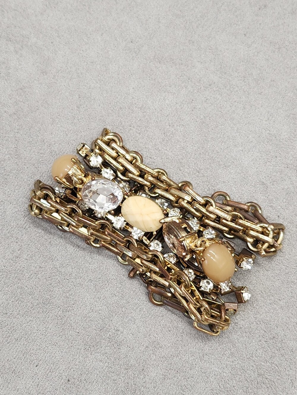 Vintage Statement Bracelet Metallic Bronze Wide Beaded Chains Jewel Chunky Boho
